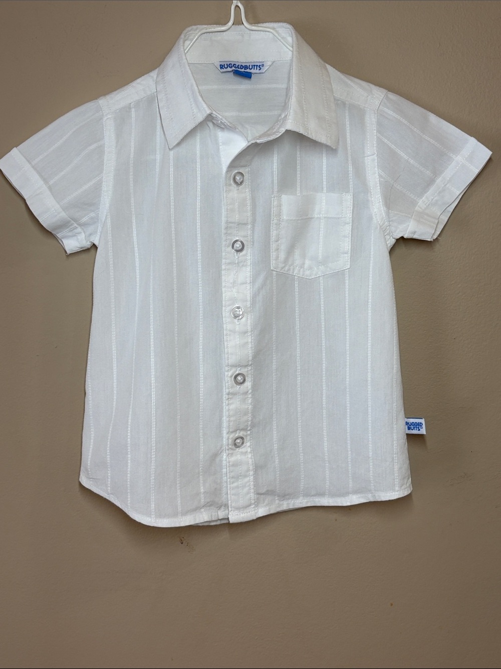 Rugged Butts White Dobby Striped Cotton Short-Sleeve Button-Down Shirt, 2T